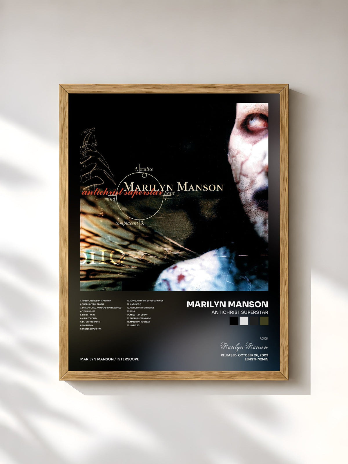 #bois Tableau de l'album Antichrist Superstar de Marilyn Manson, cadre en bois brut, imprimé et encadré en France