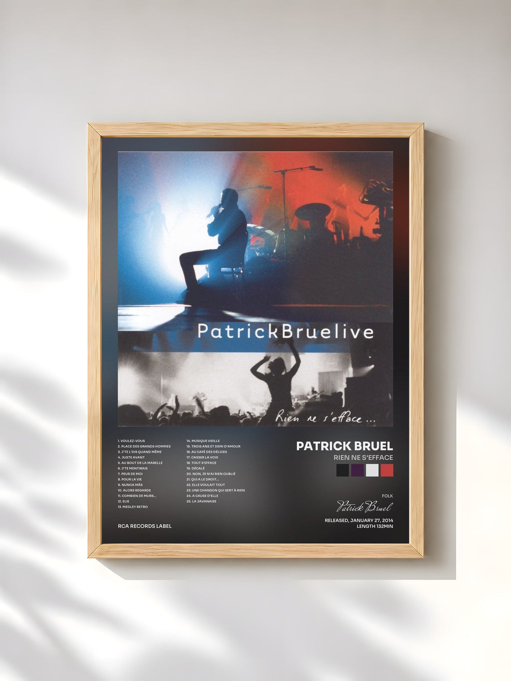 #bois Tableau de l'album Rien ne s'efface de Patrick Bruel, cadre en bois brut, imprimé et encadré en France