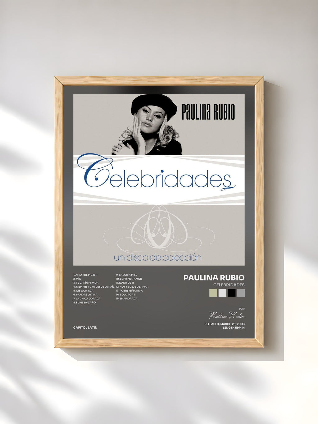 #bois Tableau de l'album Celebridades de Paulina Rubio, cadre en bois brut, imprimé et encadré en France