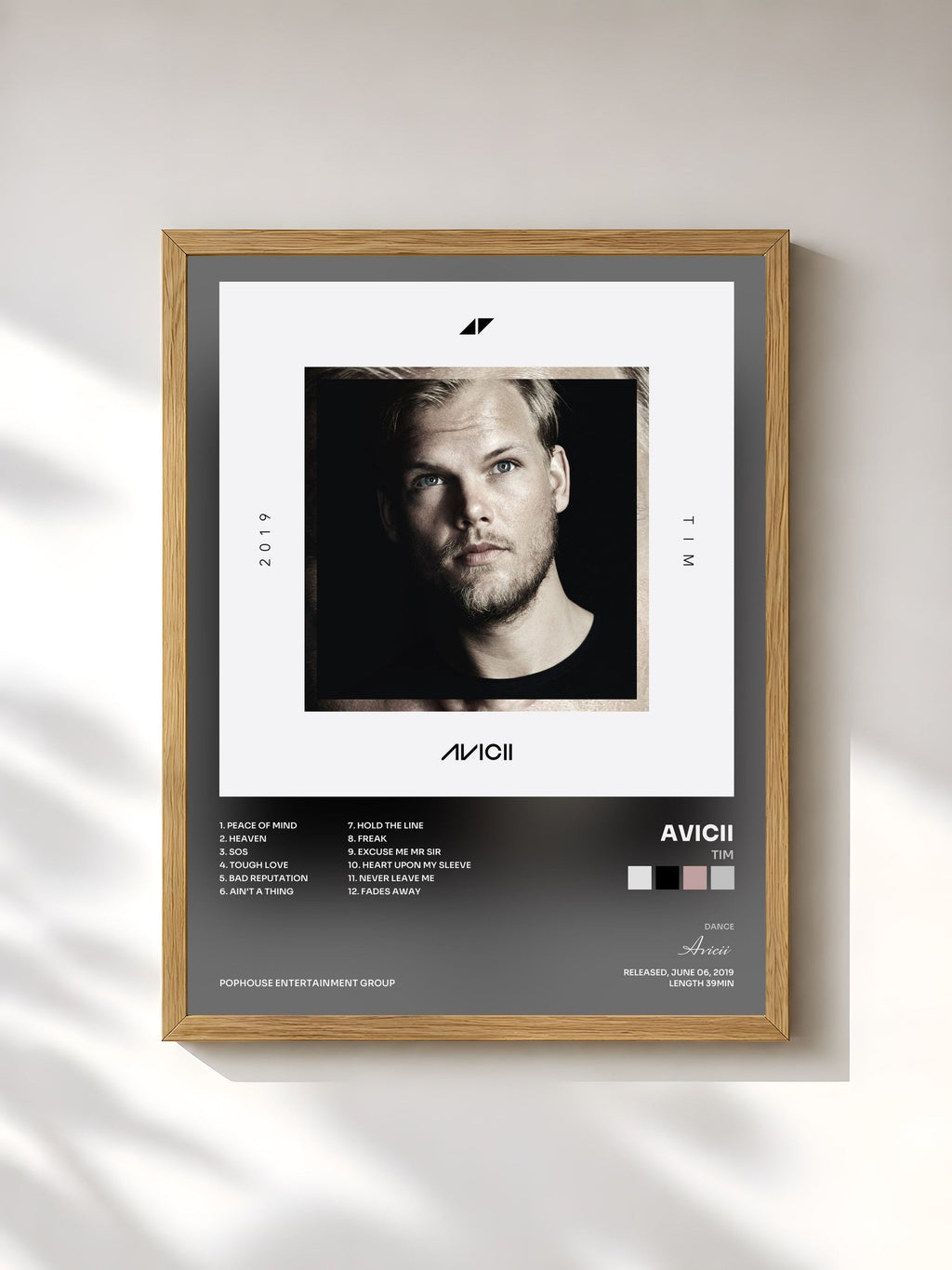 #bois Tableau de l'album TIM de Avicii, cadre en bois brut, imprimé et encadré en France