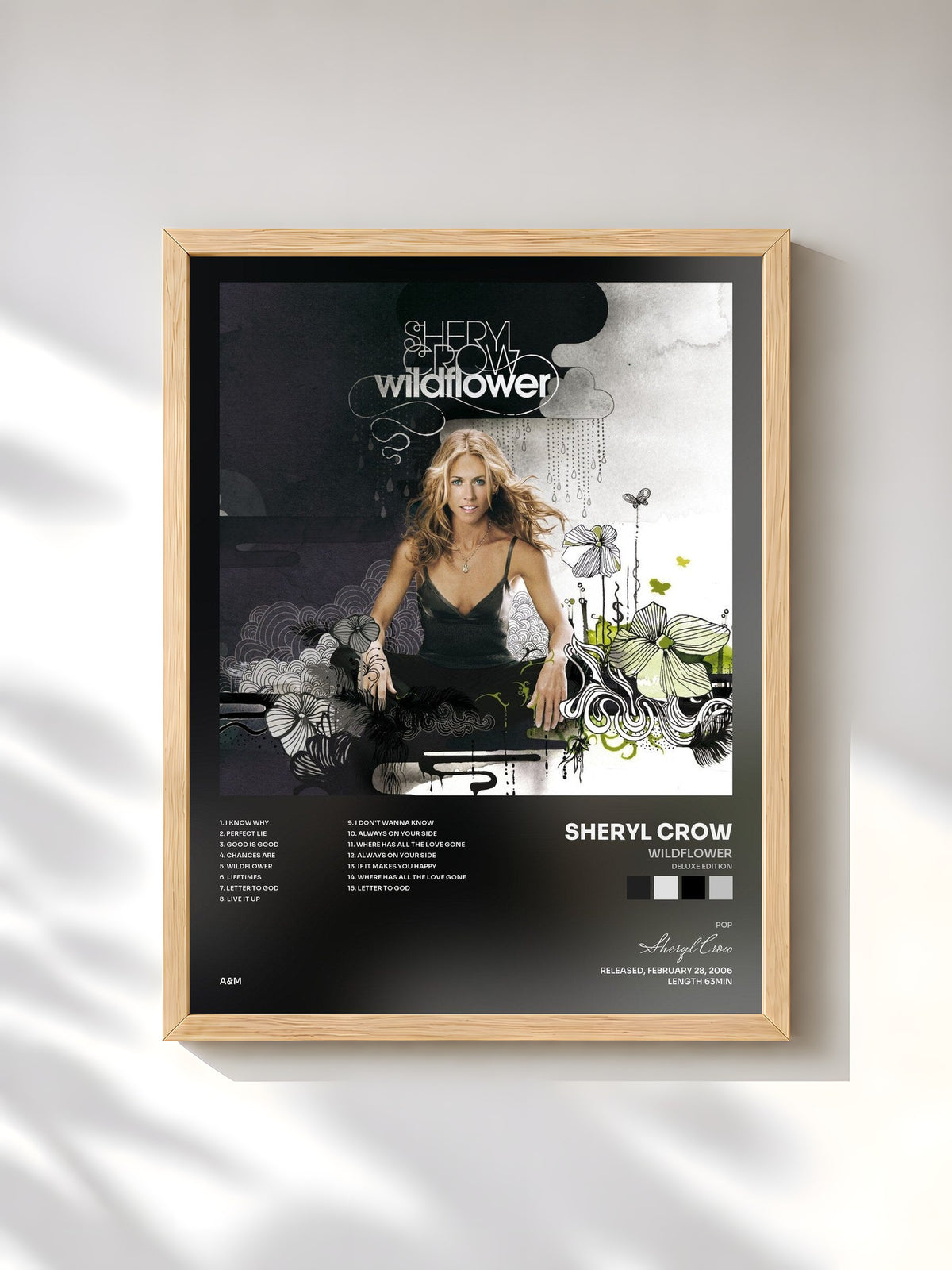 #bois Tableau de l'album Wildflower (Deluxe Edition) de Sheryl Crow, cadre en bois brut, imprimé et encadré en France