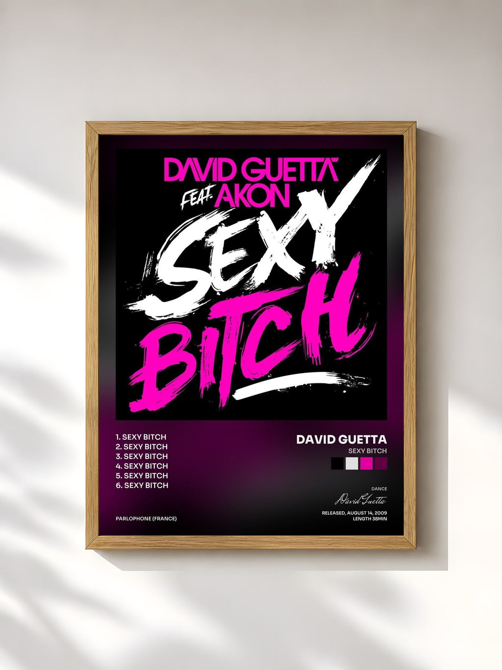#bois Tableau de l'album Sexy Bitch de David Guetta, cadre en bois brut, imprimé et encadré en France
