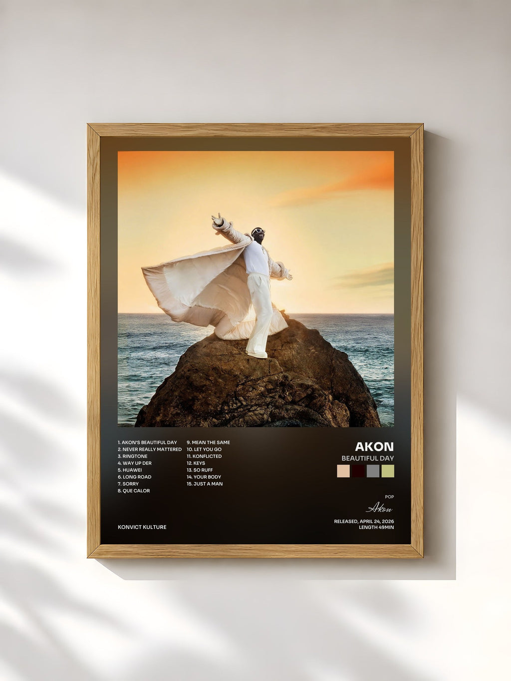 #bois Tableau de l'album BEAUTIFUL DAY de Akon, cadre en bois brut, imprimé et encadré en France