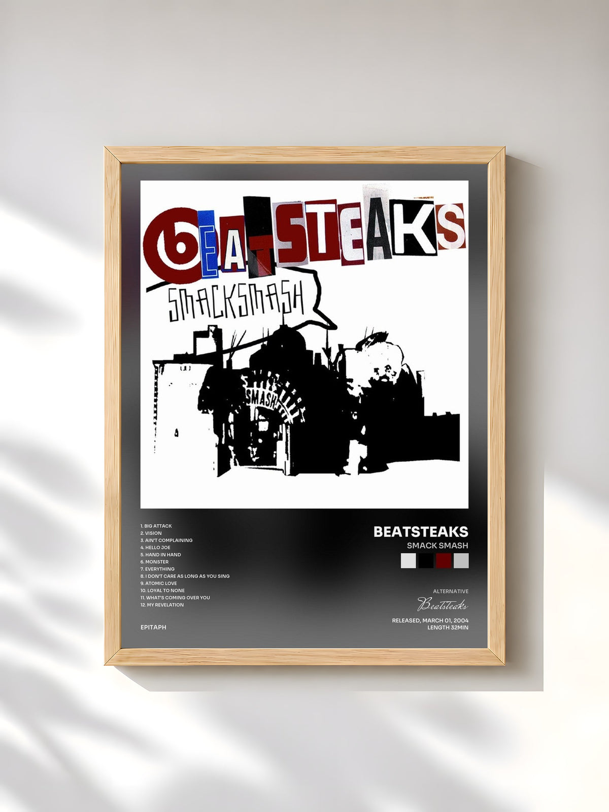#bois Tableau de l'album Smack Smash de Beatsteaks, cadre en bois brut, imprimé et encadré en France