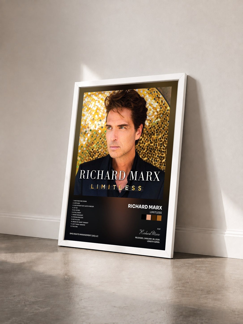#blanc Tableau de l'album LIMITLESS de Richard Marx vu de trois quarts, cadre blanc