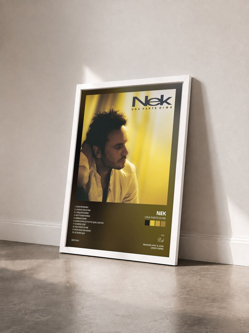 #blanc Tableau de l'album Una parte di me de Nek vu de trois quarts, cadre blanc