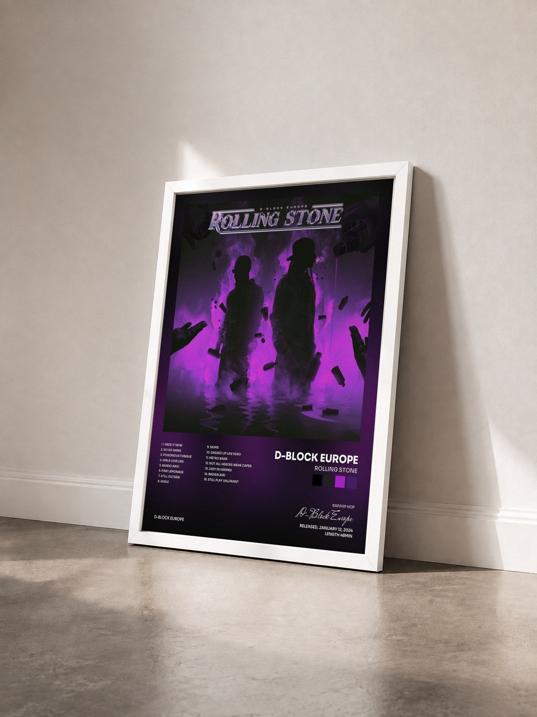 #blanc Tableau de l'album Rolling Stone de D-Block Europe vu de trois quarts, cadre blanc