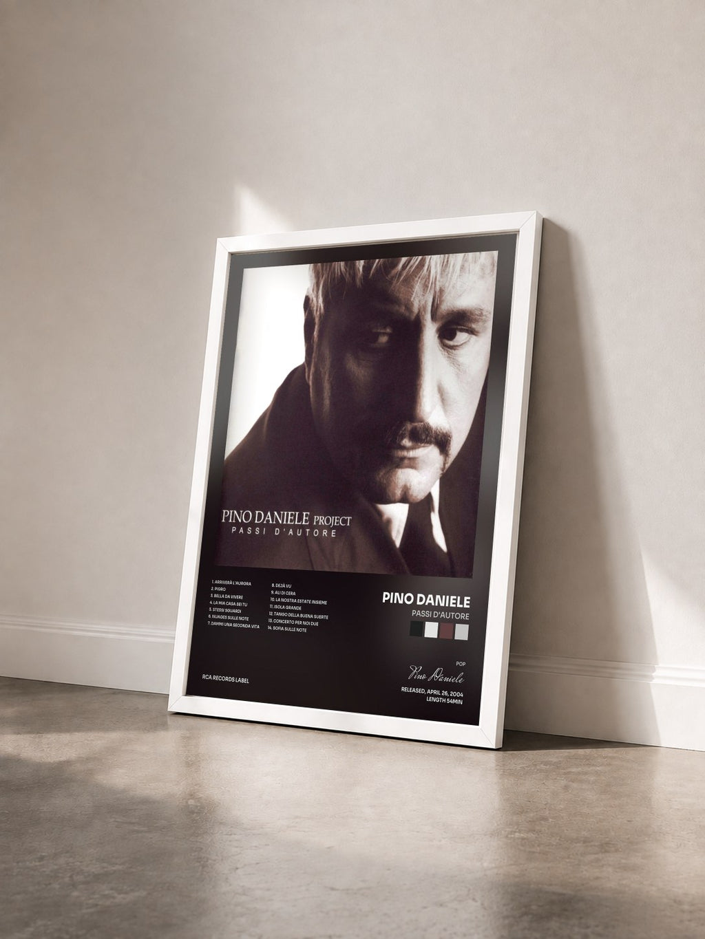 #blanc Tableau de l'album Passi D'Autore de Pino Daniele vu de trois quarts, cadre blanc