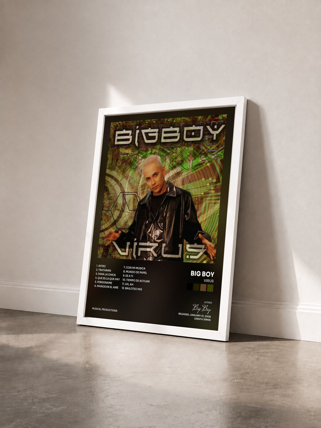 #blanc Tableau de l'album Virus de Big Boy vu de trois quarts, cadre blanc