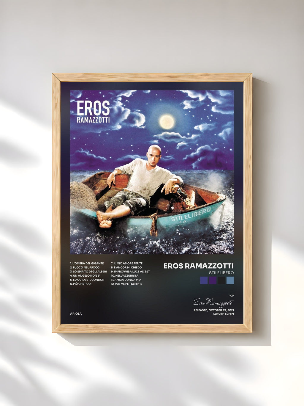 #bois Tableau de l'album Stilelibero de Eros Ramazzotti, cadre en bois brut, imprimé et encadré en France