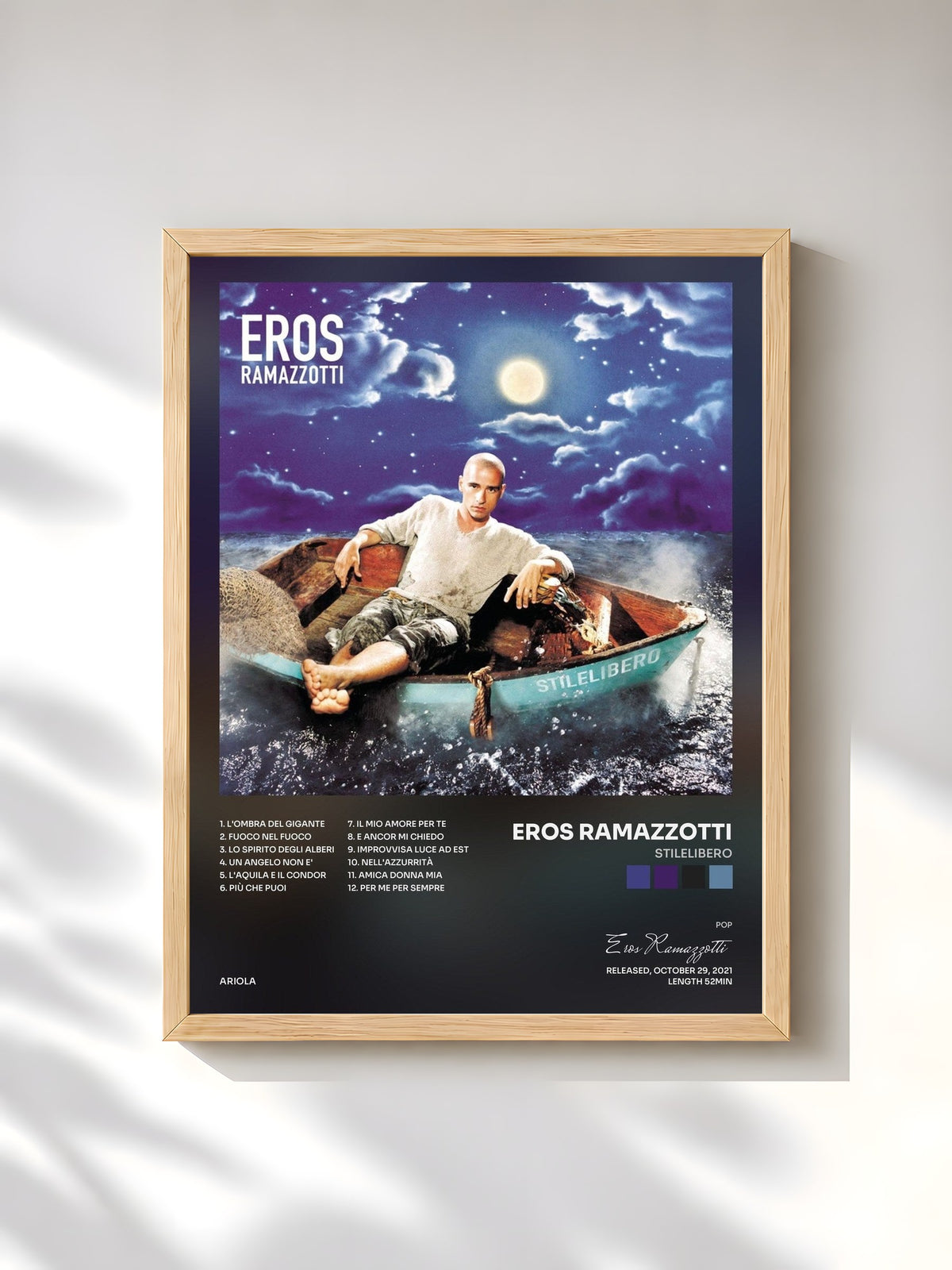 #bois Tableau de l'album Stilelibero de Eros Ramazzotti, cadre en bois brut, imprimé et encadré en France