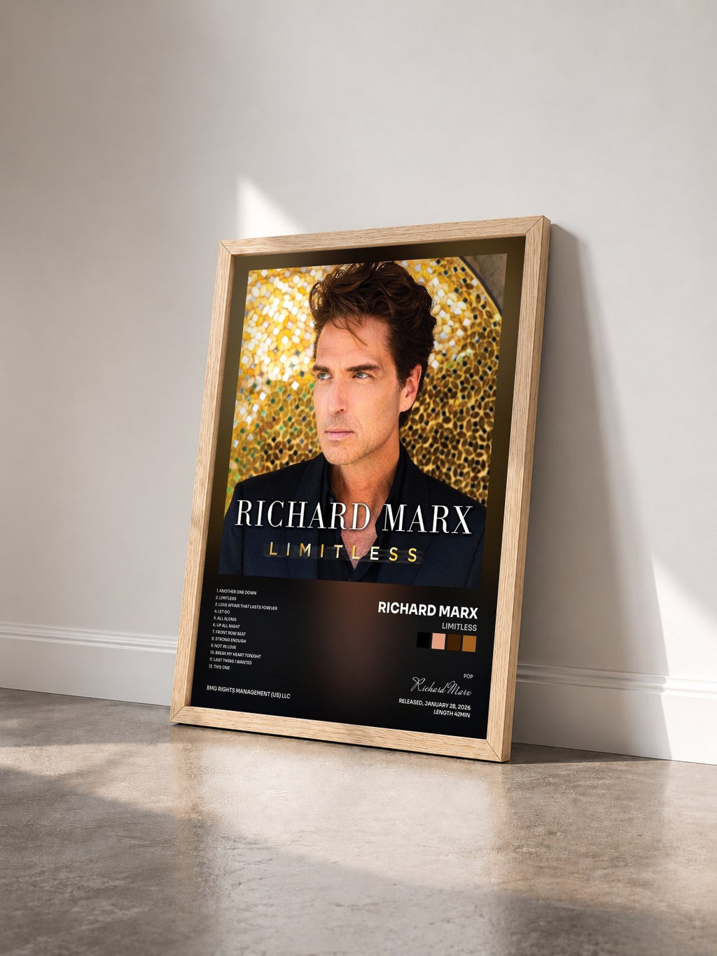#bois Tableau de l'album LIMITLESS de Richard Marx vu de trois quarts, cadre en bois brut