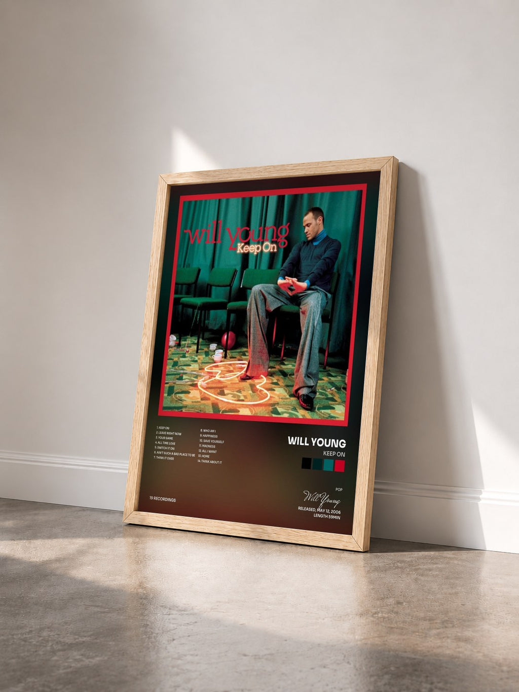 #bois Tableau de l'album Keep On de Will Young vu de trois quarts, cadre en bois brut