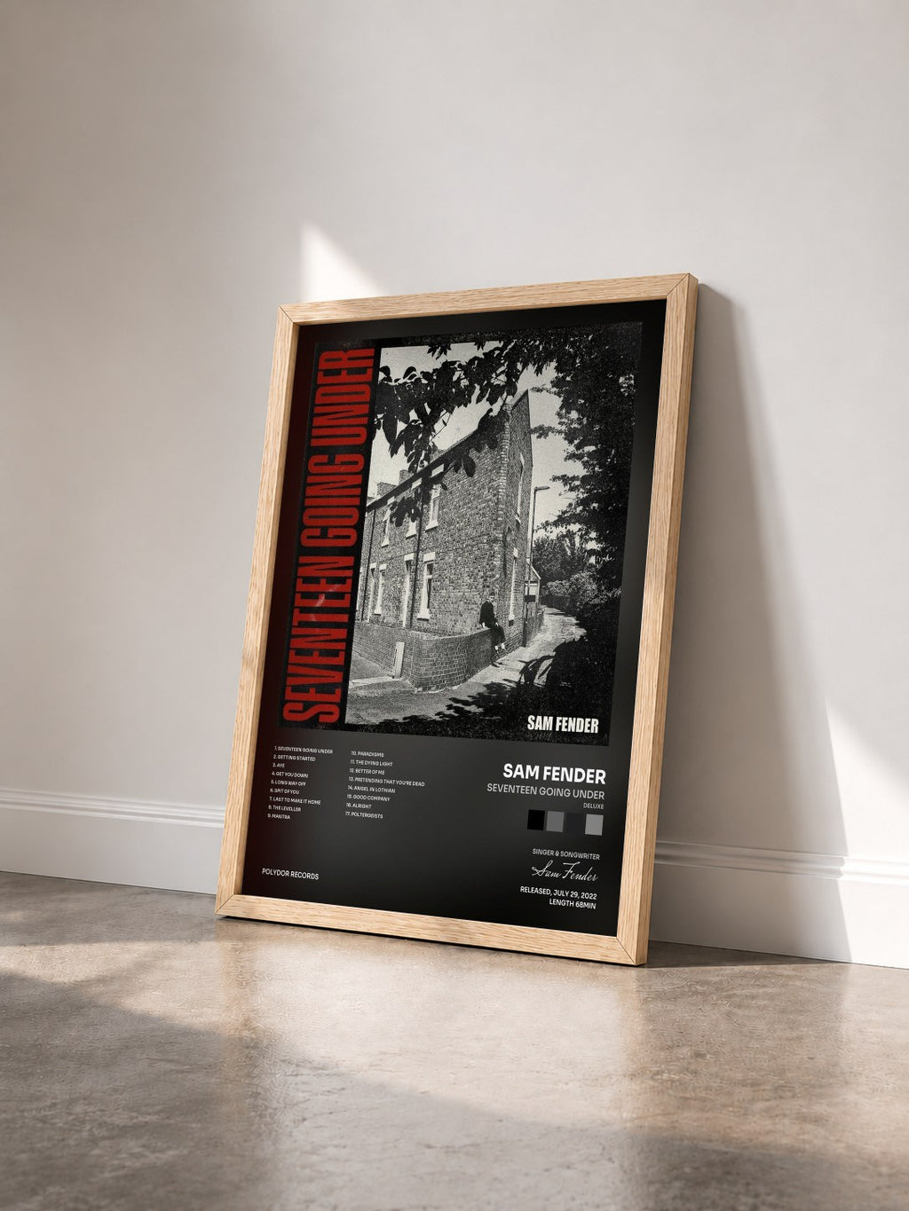 #bois Tableau de l'album Seventeen Going Under (Deluxe) de Sam Fender vu de trois quarts, cadre en bois brut