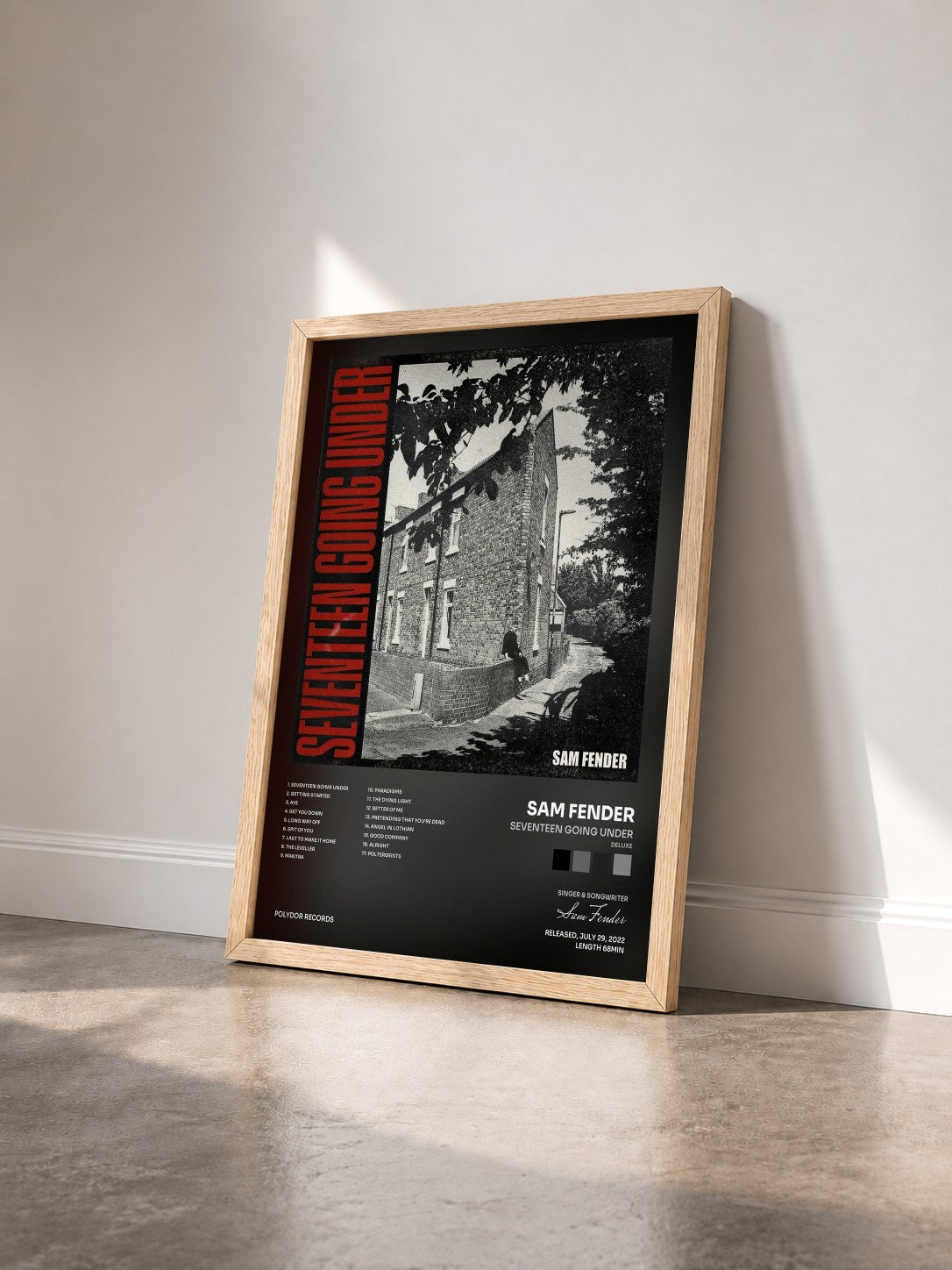 #bois Tableau de l'album Seventeen Going Under (Deluxe) de Sam Fender vu de trois quarts, cadre en bois brut