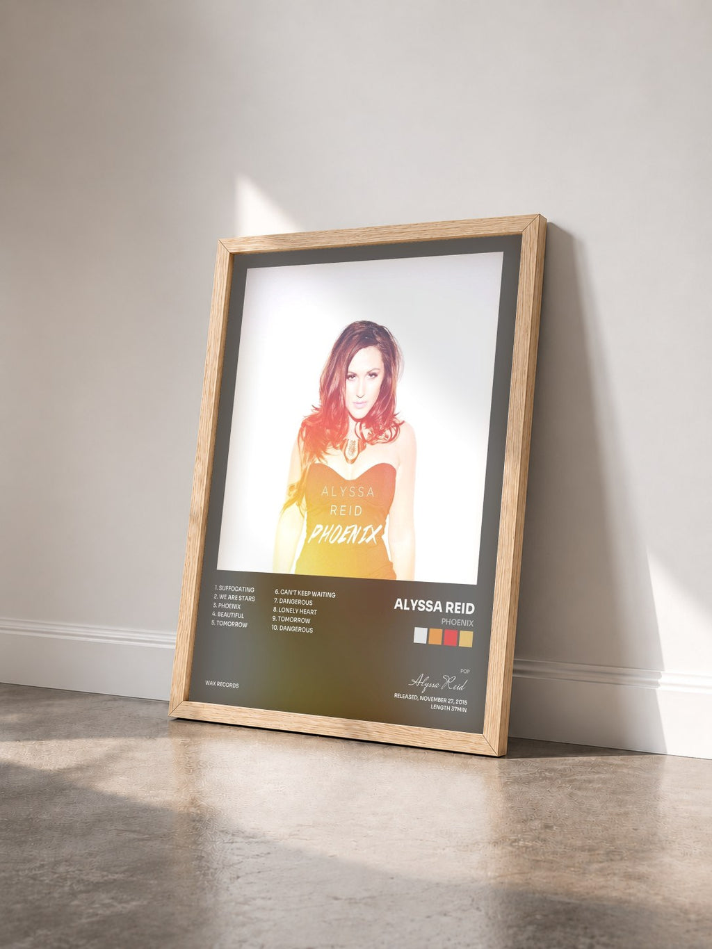 #bois Tableau de l'album Phoenix de Alyssa Reid vu de trois quarts, cadre en bois brut