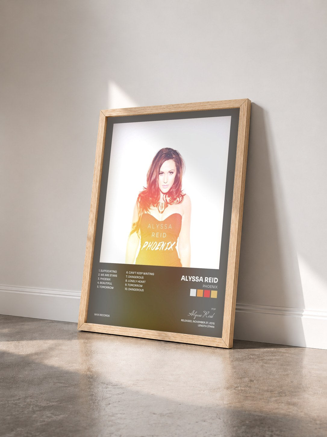 #bois Tableau de l'album Phoenix de Alyssa Reid vu de trois quarts, cadre en bois brut