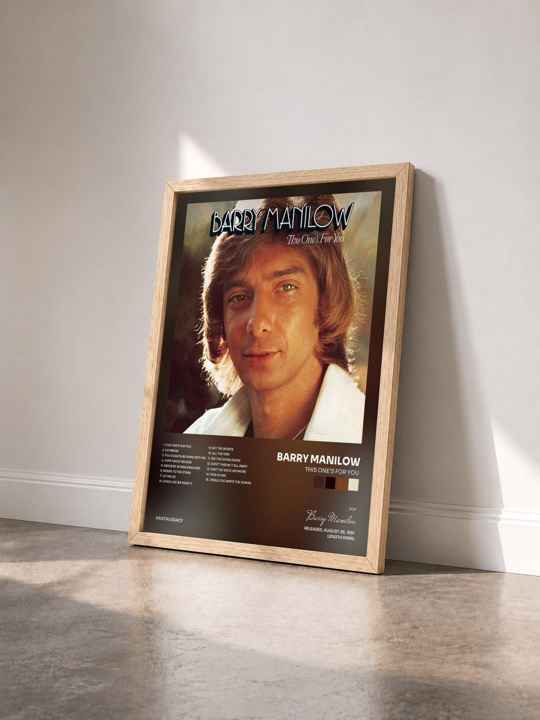 #bois Tableau de l'album This One's For You de Barry Manilow vu de trois quarts, cadre en bois brut