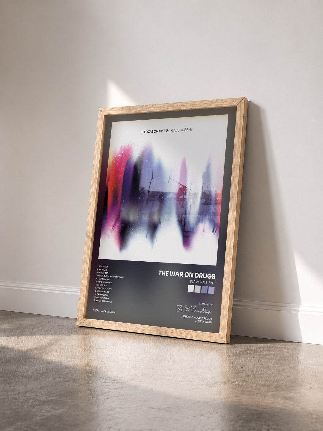 #bois Tableau de l'album Slave Ambient de The War On Drugs vu de trois quarts, cadre en bois brut