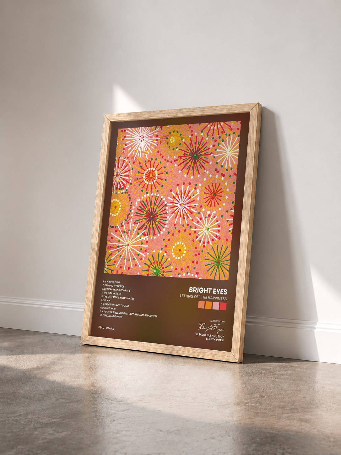#bois Tableau de l'album Letting Off The Happiness de Bright Eyes vu de trois quarts, cadre en bois brut