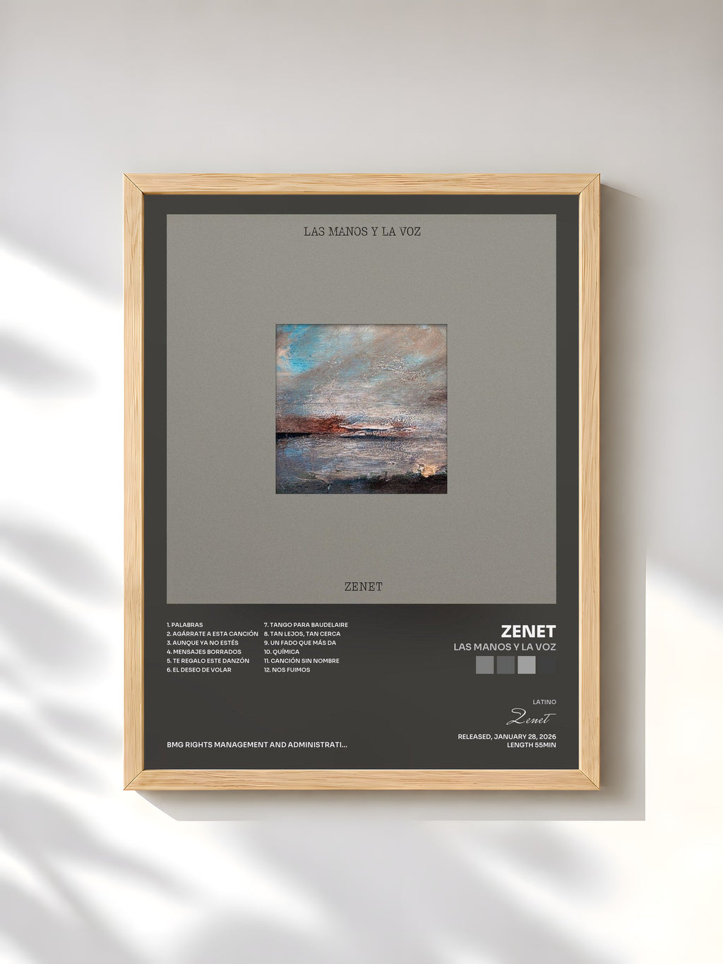 #bois Tableau de l'album Las Manos y la Voz de Zenet, cadre en bois brut, imprimé et encadré en France