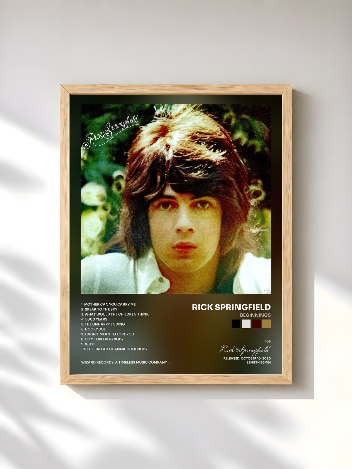 #bois Tableau de l'album Beginnings de Rick Springfield, cadre en bois brut, imprimé et encadré en France
