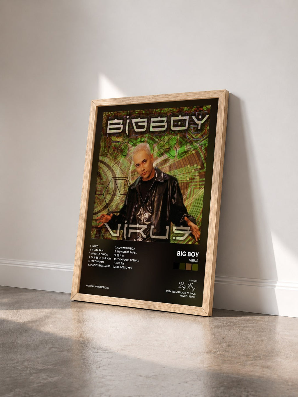#bois Tableau de l'album Virus de Big Boy vu de trois quarts, cadre en bois brut