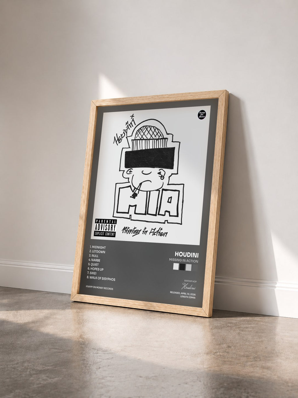 #bois Tableau de l'album Missing in Action de Houdini vu de trois quarts, cadre en bois brut