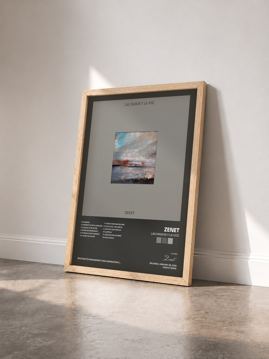 #bois Tableau de l'album Las Manos y la Voz de Zenet vu de trois quarts, cadre en bois brut