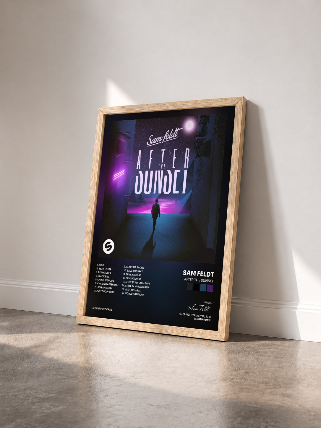 #bois Tableau de l'album After The Sunset de Sam Feldt vu de trois quarts, cadre en bois brut