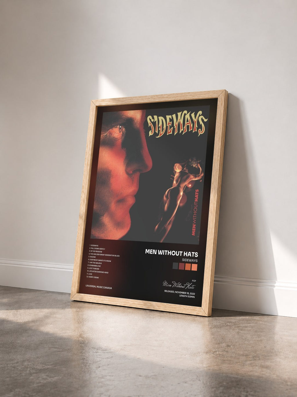 #bois Tableau de l'album Sideways de Men Without Hats vu de trois quarts, cadre en bois brut