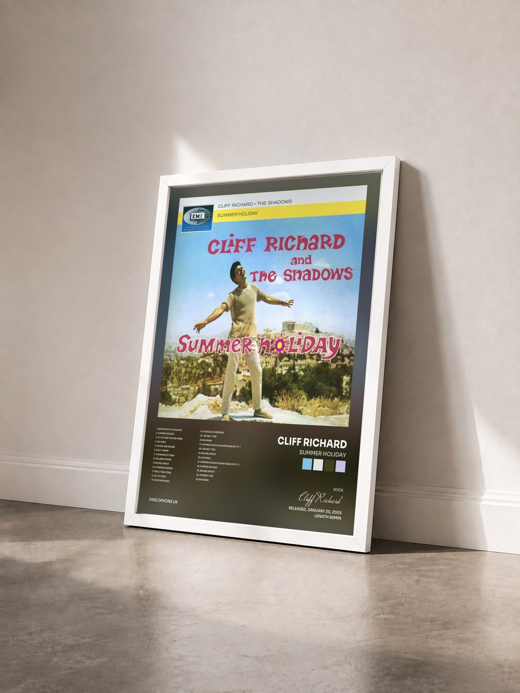 #blanc Tableau de l'album Summer Holiday de Cliff Richard vu de trois quarts, cadre blanc