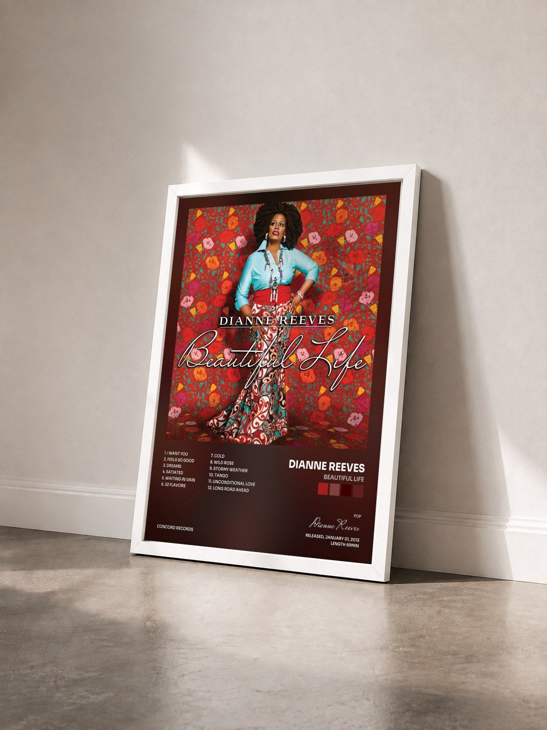#blanc Tableau de l'album Beautiful Life de Dianne Reeves vu de trois quarts, cadre blanc