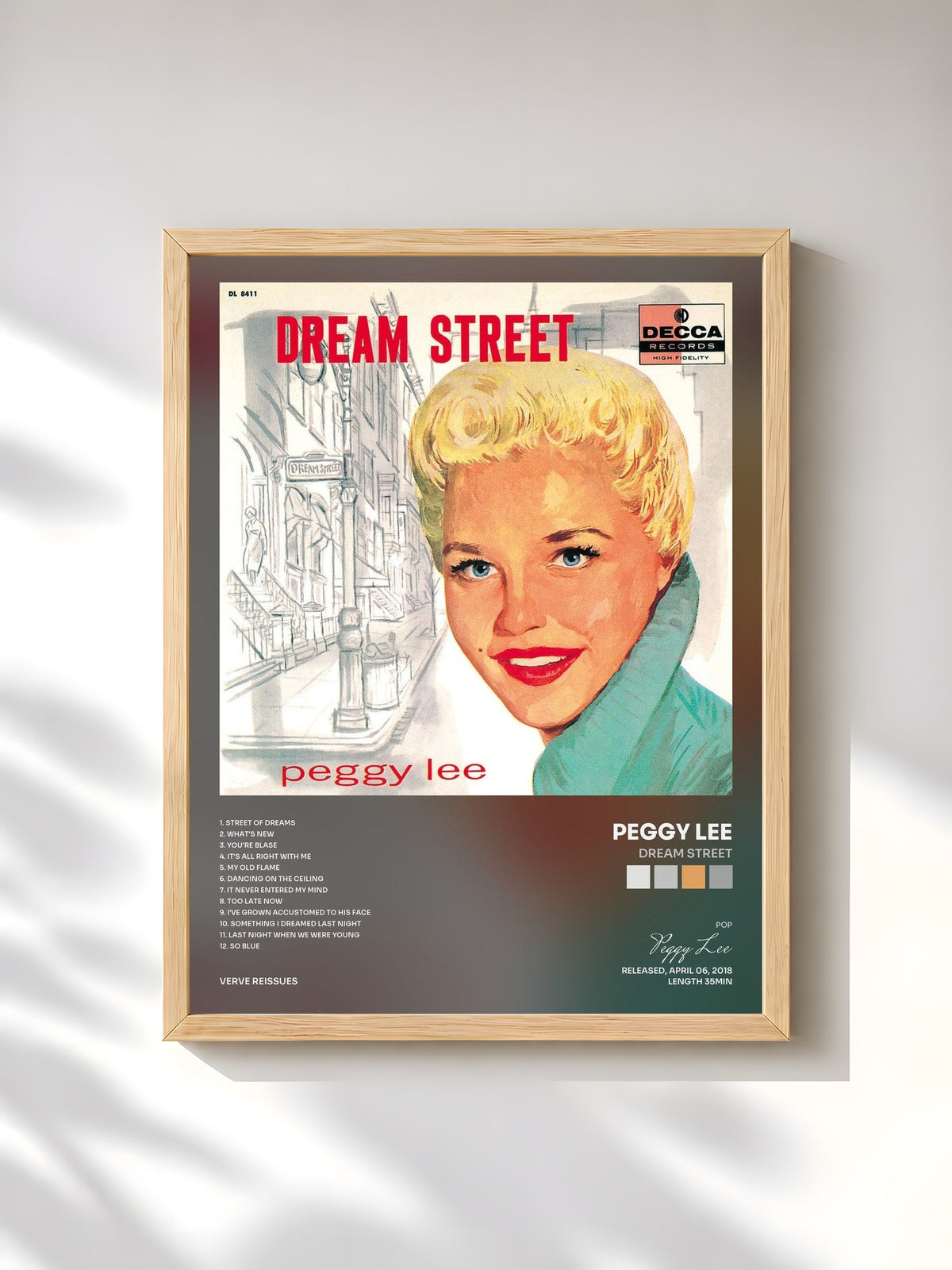 #bois Tableau de l'album Dream Street de Peggy Lee, cadre en bois brut, imprimé et encadré en France