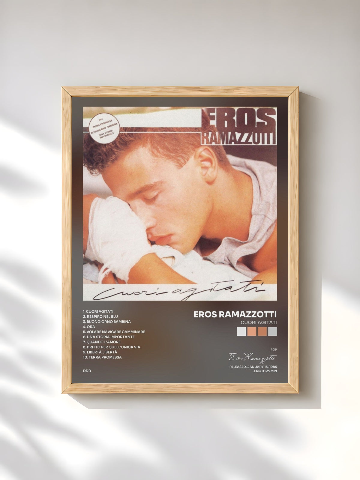 #bois Tableau de l'album Cuori agitati de Eros Ramazzotti, cadre en bois brut, imprimé et encadré en France