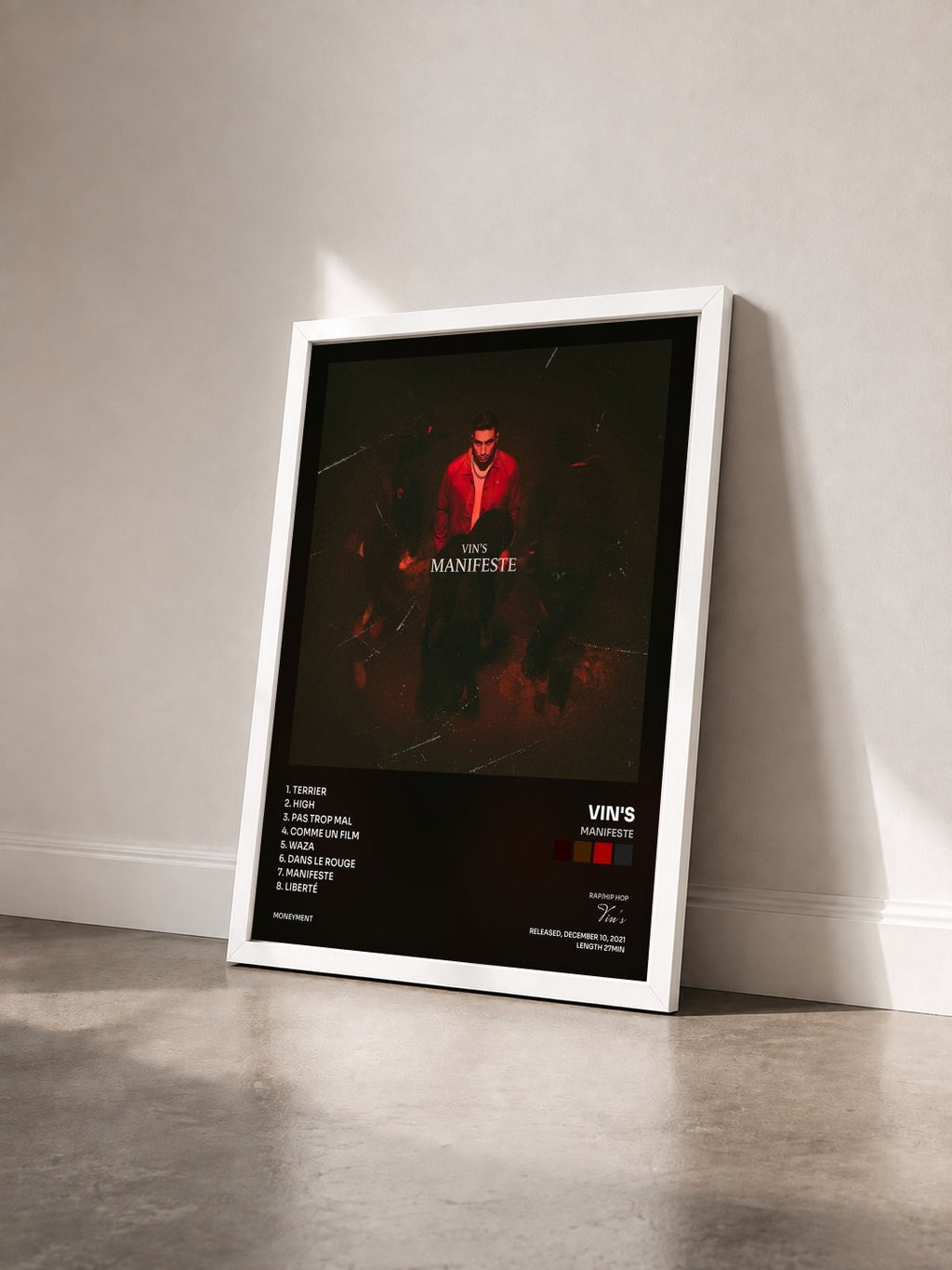 #blanc Tableau de l'album Manifeste de Vin's vu de trois quarts, cadre blanc