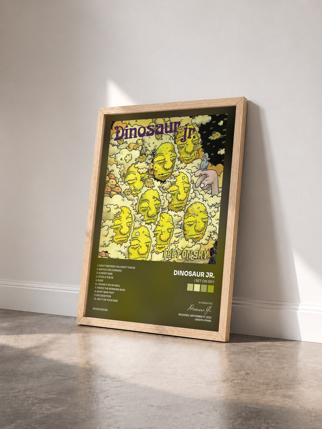 #bois Tableau de l'album I Bet On Sky de Dinosaur Jr. vu de trois quarts, cadre en bois brut
