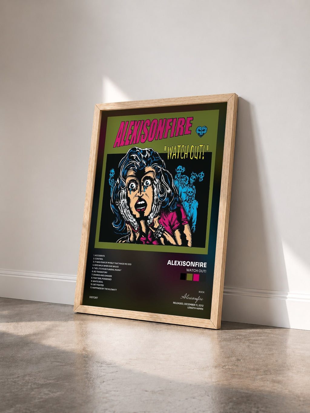 #bois Tableau de l'album Watch Out! de Alexisonfire vu de trois quarts, cadre en bois brut