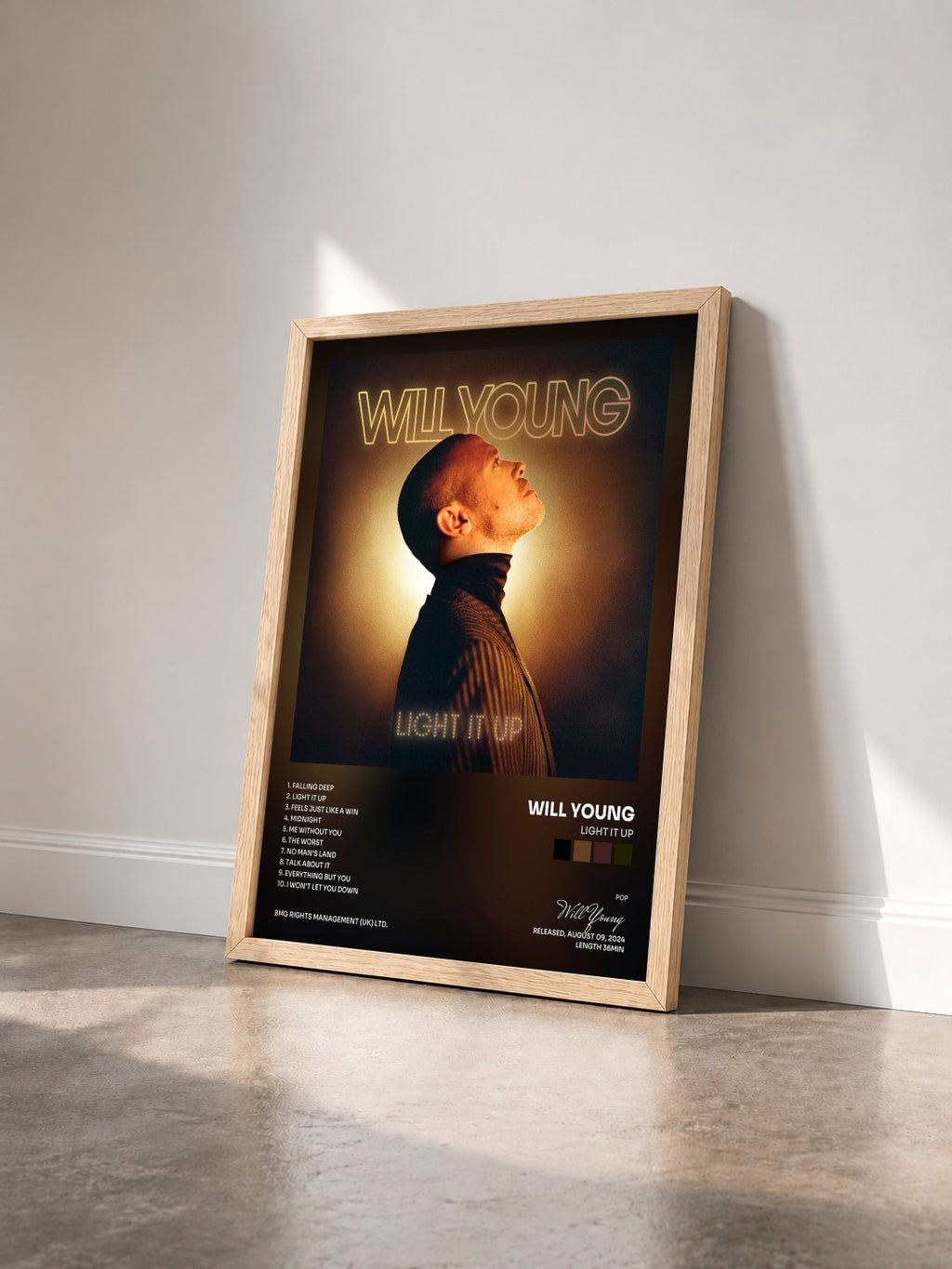 #bois Tableau de l'album Light It Up de Will Young vu de trois quarts, cadre en bois brut