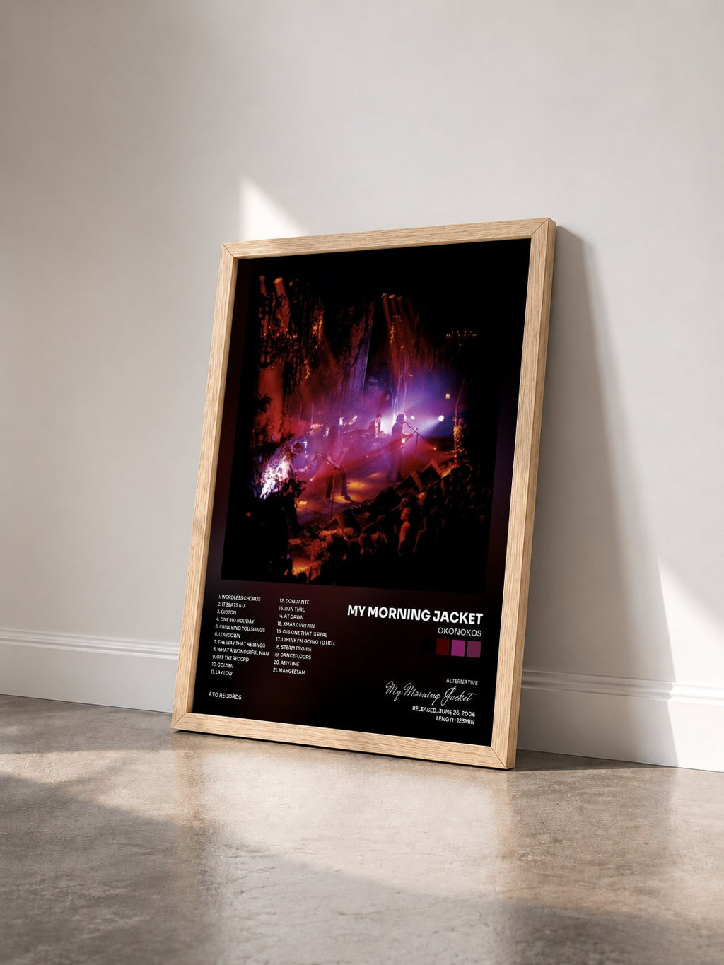 #bois Tableau de l'album Okonokos de My Morning Jacket vu de trois quarts, cadre en bois brut