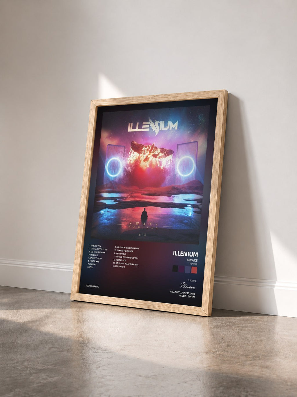 #bois Tableau de l'album Awake (Remixes) de Illenium vu de trois quarts, cadre en bois brut