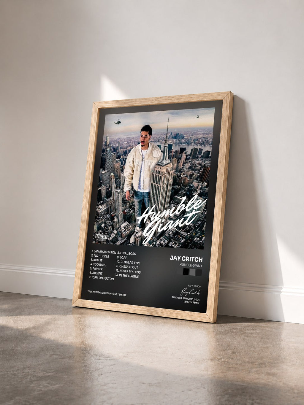 #bois Tableau de l'album Humble Giant de Jay Critch vu de trois quarts, cadre en bois brut