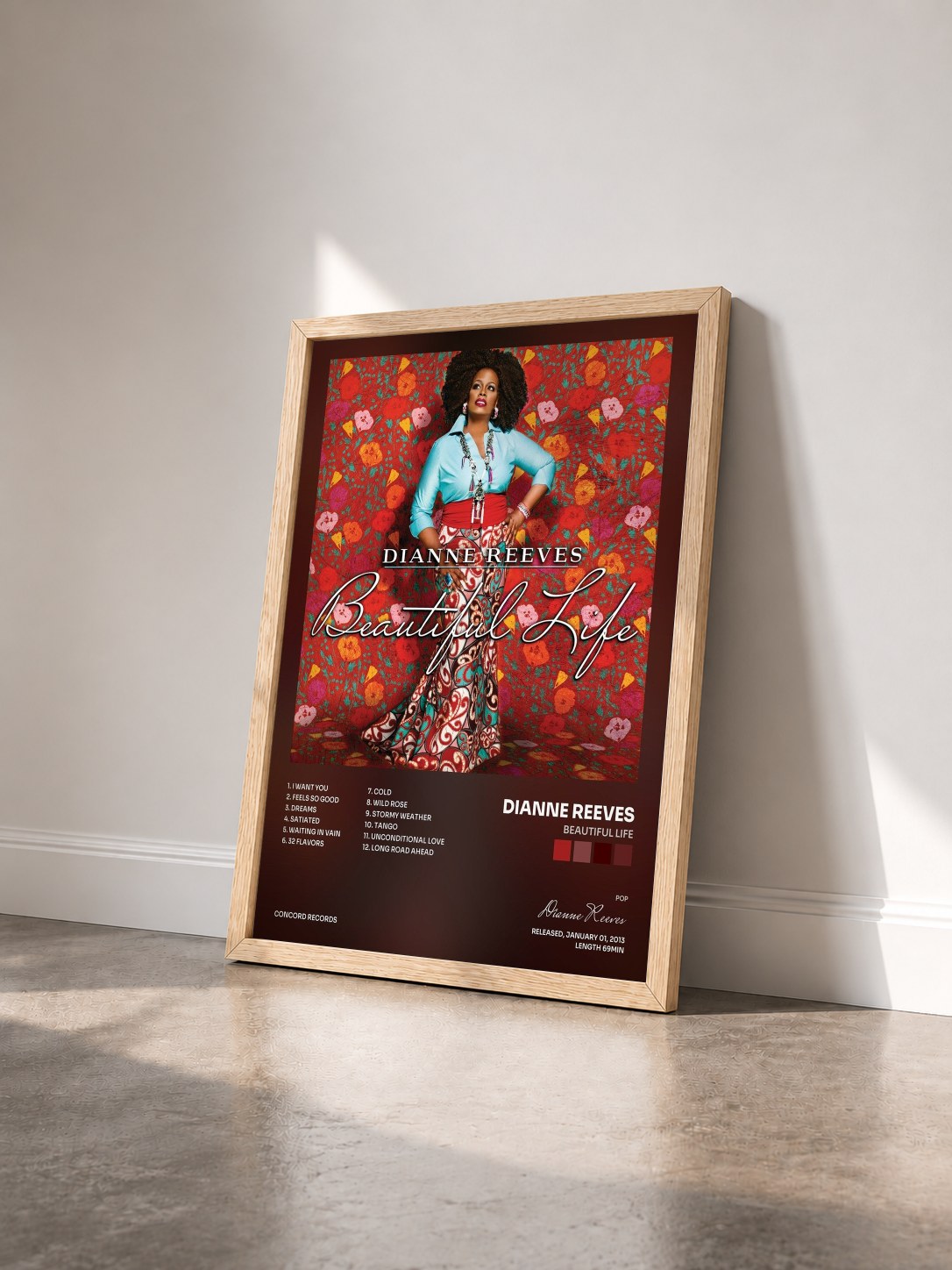 #bois Tableau de l'album Beautiful Life de Dianne Reeves vu de trois quarts, cadre en bois brut