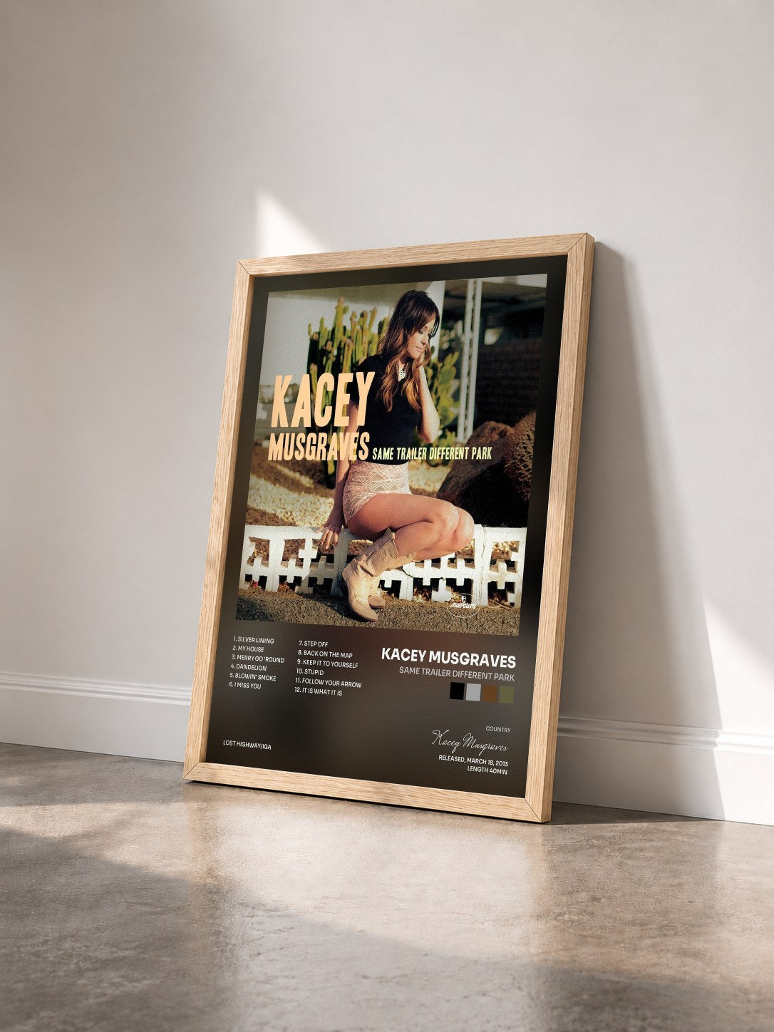 #bois Tableau de l'album Same Trailer Different Park de Kacey Musgraves vu de trois quarts, cadre en bois brut