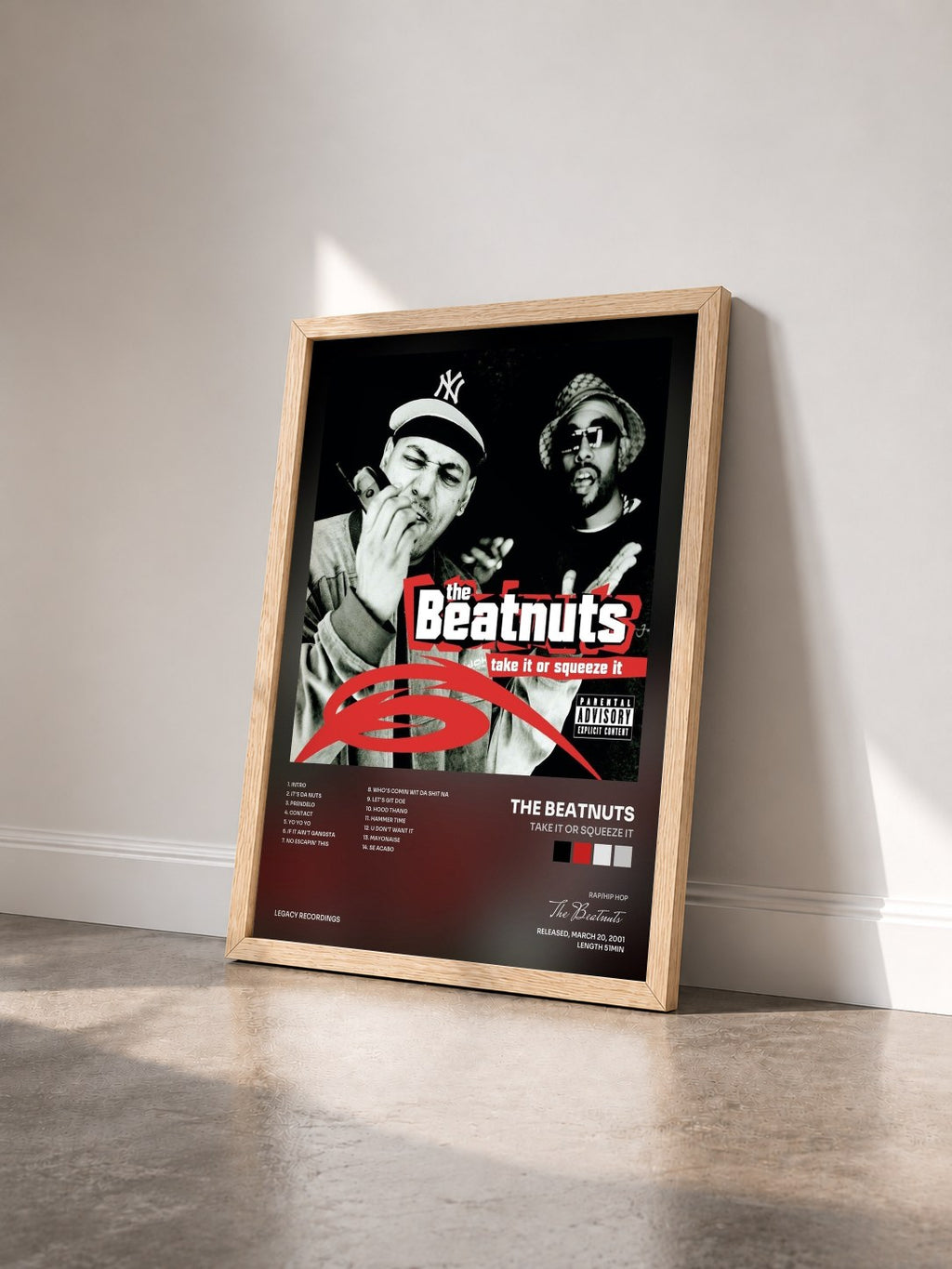 #bois Tableau de l'album Take It Or Squeeze It de The Beatnuts vu de trois quarts, cadre en bois brut