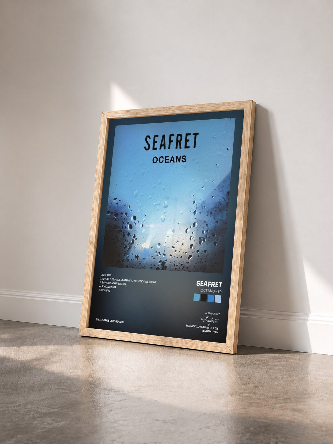 #bois Tableau de l'album Oceans - EP de Seafret vu de trois quarts, cadre en bois brut