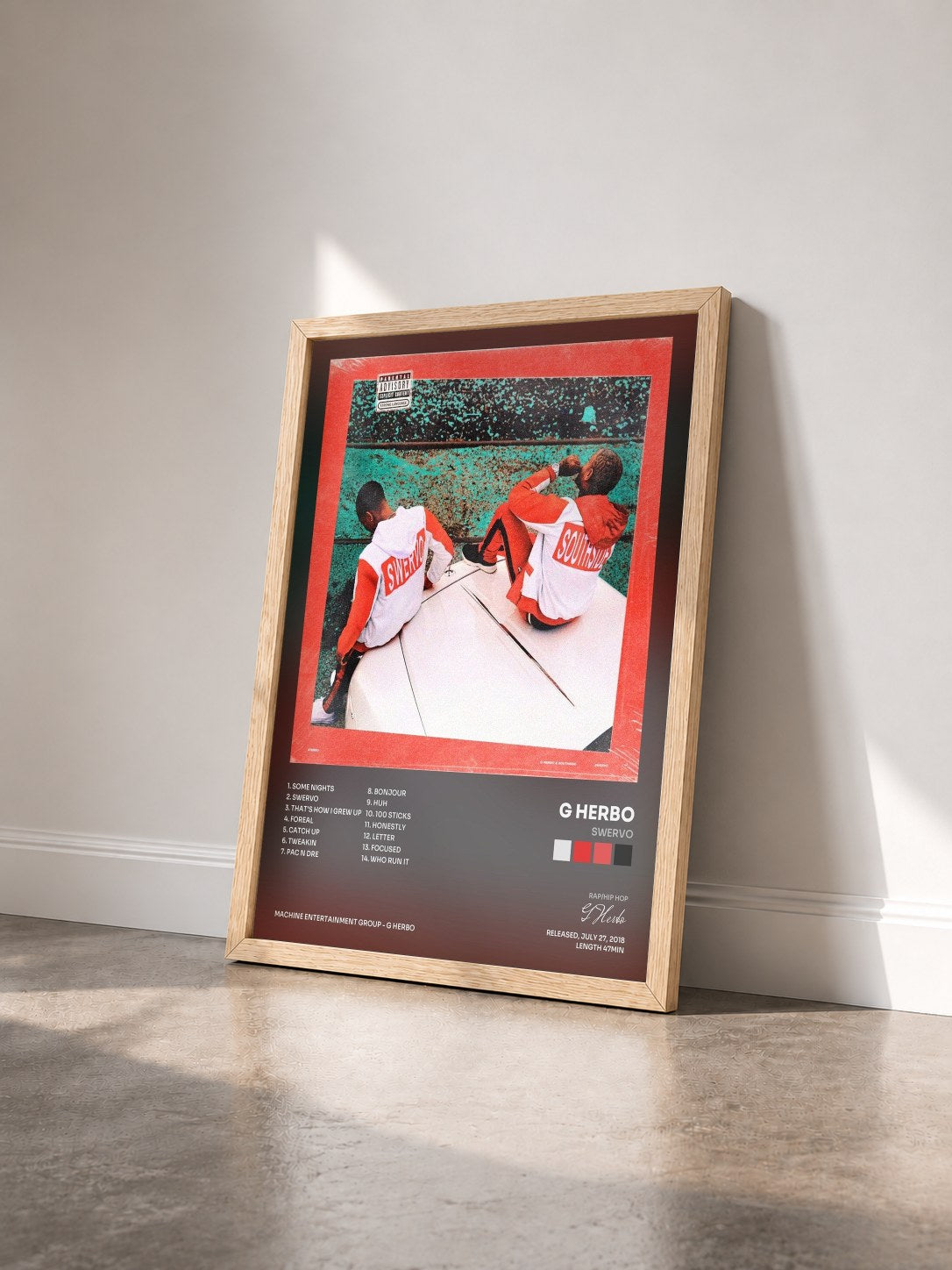 #bois Tableau de l'album Swervo de G Herbo vu de trois quarts, cadre en bois brut