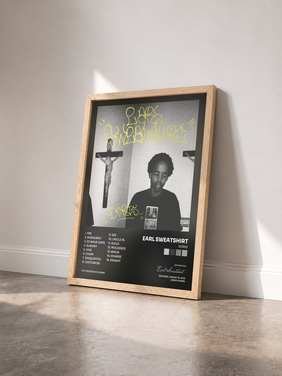 #bois Tableau de l'album Doris de Earl Sweatshirt vu de trois quarts, cadre en bois brut
