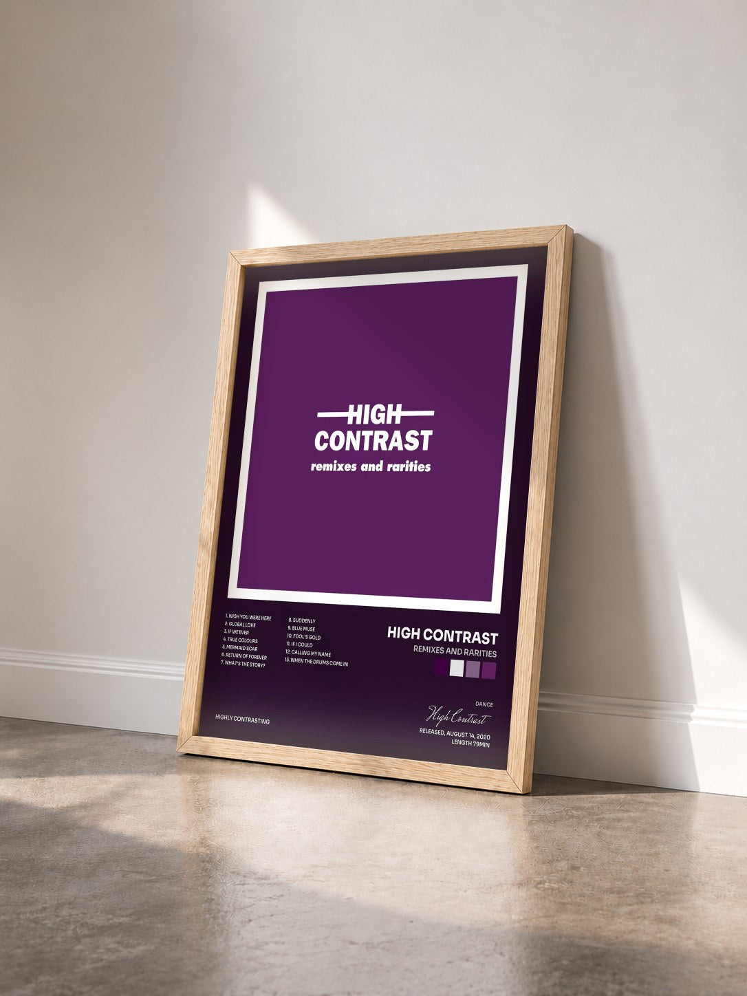 #bois Tableau de l'album Remixes and Rarities de High Contrast vu de trois quarts, cadre en bois brut