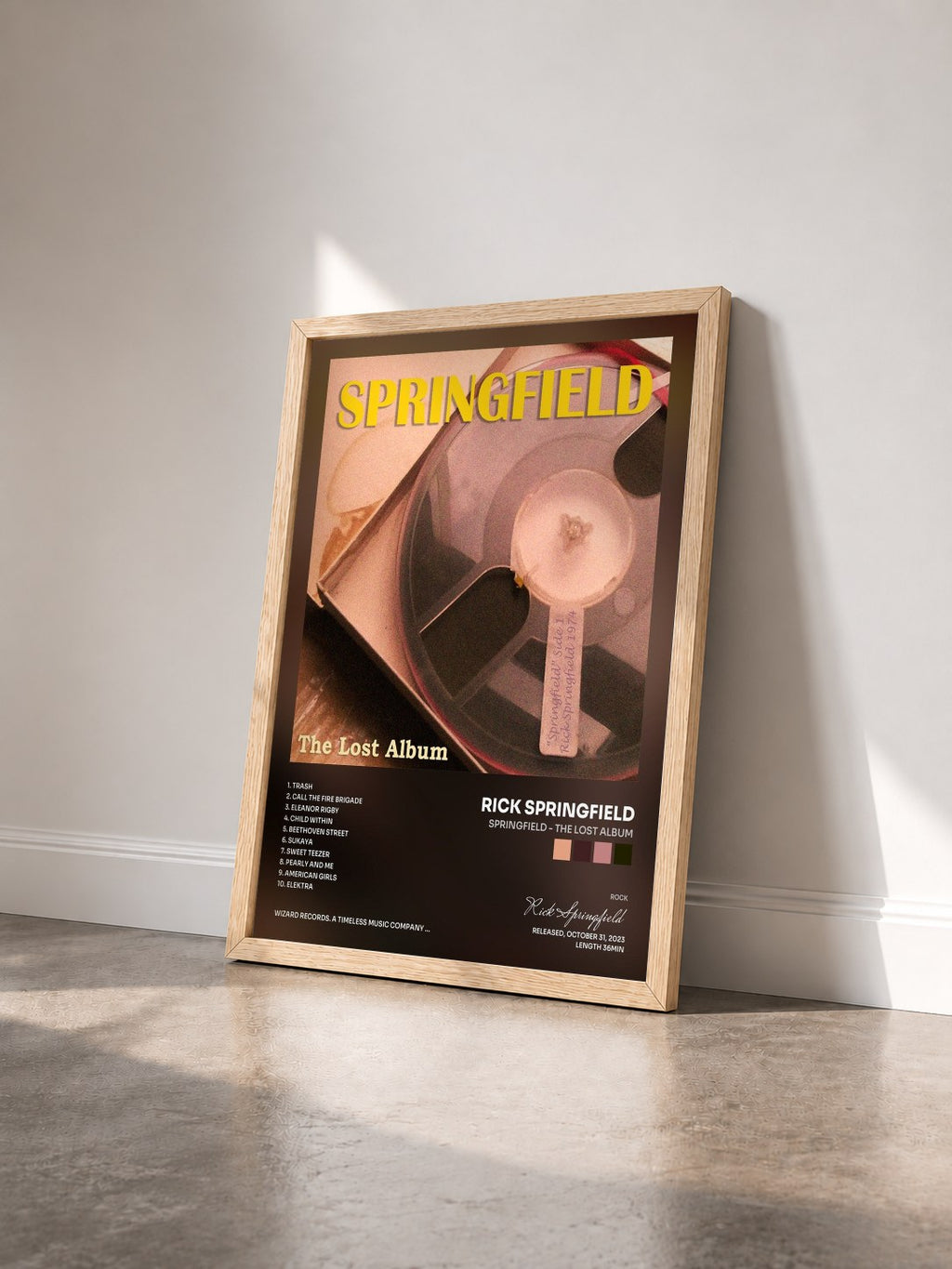 #bois Tableau de l'album Springfield - The Lost Album de Rick Springfield vu de trois quarts, cadre en bois brut